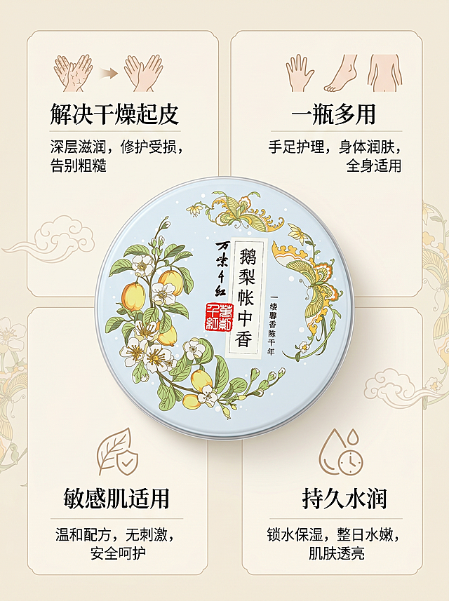万紫千红润肤脂详情页产品核心卖点模块，竖版3:4比例，分四个模块展示核心卖点：解决干燥起皮、一瓶多用、敏感肌适用、持久水润，每个卖点配小图标和简短说明，中心搭配产品特写，保持产品外观不变，整体排版干净清爽，中式简约风，文字清晰易读，2k分辨率，负向提示词：变形，水印，文字错乱
