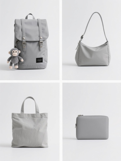 一张简约现代风格的产品展示图，纯白纯色背景，画面被等分为四个规整排布的素材区域，每个区域内均为一个规整排布的包类产品图案。从左到右、从上到下依次展示：灰色双肩背包（带有翻盖设计、金属按扣、抽绳收口、正面挂有灰色毛绒小猴子挂件及黑色标签），简约设计的挎包（与背包风格统一，纯色，注重功能性结构线条），纯色帆布包（保持整体简约基调，展现帆布材质特性），以及设计简洁的钱包（同样为纯色，体现现代简约美学……预览效果