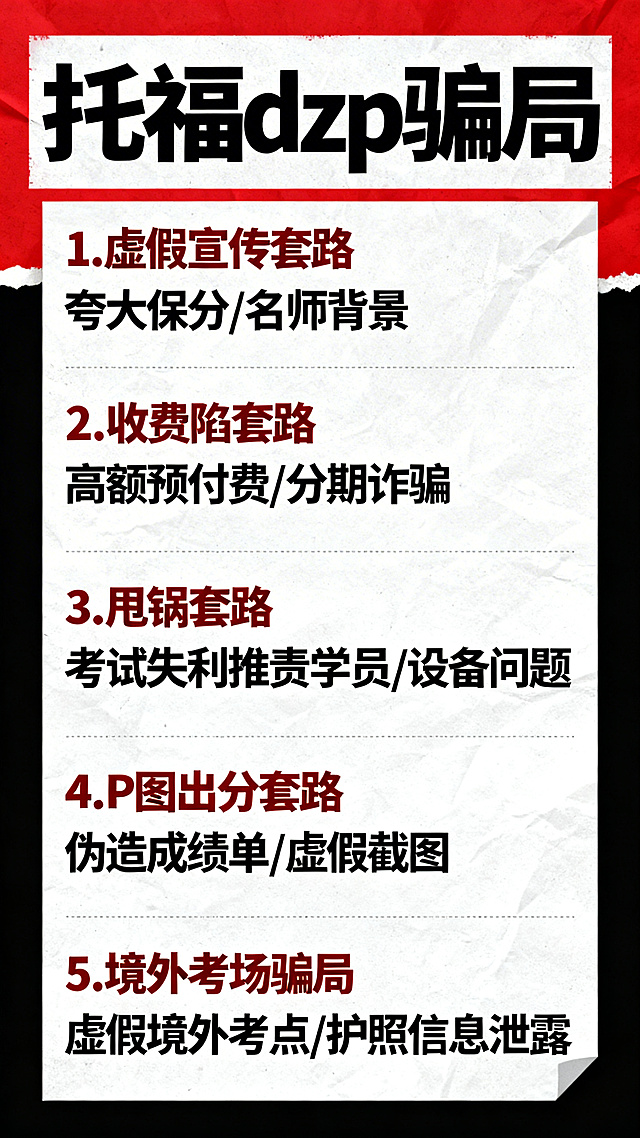 防诈骗宣传海报，主题："托福dzp骗局"，列出五类骗局：1.虚假宣传套路。2.收费陷阱套路。3.甩锅套路。4.P图出分套路。5.境外考场骗局。排版清晰，警示风格，红黑配色，标题醒目，内容明确，教育宣传用途
