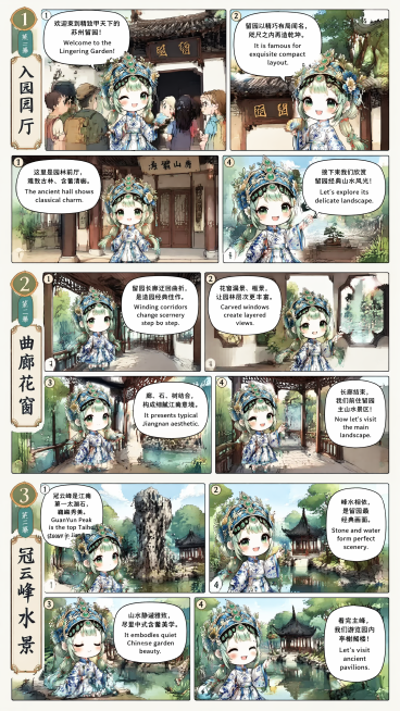 根据参考图的Q版人物江小瓷形象，生成苏州留园五幕漫画，排版在一张竖图上，排版生动不规整，共五幕，包含指定场景和中英文字幕：第一幕入园门厅：1.江小瓷持折扇微笑迎宾，立于留园正门，多国游客驻足。对白："预览效果