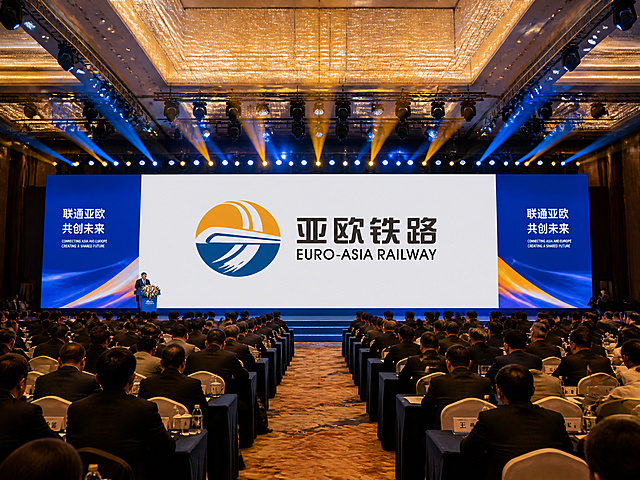 铁路货运会议会场样机效果图，黄蓝配色，宏大的会议会场，主席台背景墙上展示着亚欧铁路LOGO，会场内坐满了参会人员，前方有演讲台，专业舞台灯光，写实摄影风格，高清画质，广角镜头，庄严肃穆的氛围，专业会场样机展示