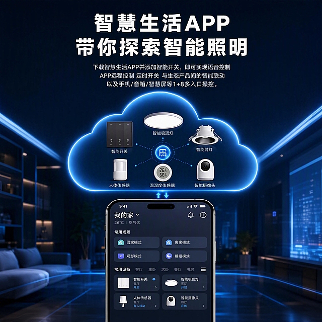 [商品] 使用【图2】智慧生活APP智能照明生态图，保留蓝色发光云朵、六个智能设备图标、手机APP界面、顶部大标题和说明文字全部元素。
[画面] 调整为1:1正方形比例，保持画面主体居中，左右两侧延展深蓝科技背景和家居场景虚化自然填充，确保标题、说明文字、云朵设备群、手机界面全部完整可见。
[视觉] 套系策略：风格=高级深色科技感；标题字=无衬线粗黑体；正文字=无衬线常规体；主色=深蓝；背景延展=深蓝渐变+科技光效自然延伸；强调色=科技蓝发光；标题色=白色；正文色=浅灰；光影=科技发光效果+柔和环境光。
[文字] 保留全部原有文案："智慧生活APP 带你探索智能照明"大标题，下方三行说明文字，各设备名称标签，手机界面内全部文字。
[规格] 1:1正方形，2048×2048，4K，禁止变形、裁切主体、文字缺失。