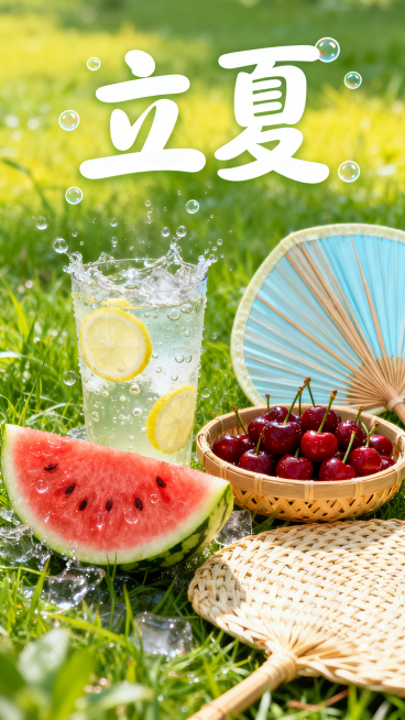 一张立夏节气海报，明亮鲜活的初夏色调，以草绿、柠黄、浅蓝为主。画面主体是冒着冷气的西瓜、装满樱桃的竹篮、半开的折扇与藤编凉席，搭配清爽的柠檬气泡水，充满满满的夏日元气。画面用活泼的手写体写标题"立夏"预览效果
