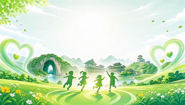 基于参考图进行修改，删除以下所有元素：
1. 删除左上角的"用心守护"标签及图标
2. 删除右上角的"伴你成长"标签及图标
3. 删除左下角的"关爱护航"标签及图标
4. 删除右下角的"共筑未来"标签及图标
5. 删除顶部的"—— 湖北·利川 ——"文字
6. 删除中间的主标题"未成年人保护"大字
7. 删除副标题"守护少年成长 共筑美好未来"文字
8. 删除底部所有信息条及文字

只保留纯画面内容：清新绿色系背景、利川当地标志性建筑（腾龙洞、大水井古建筑群、鱼木寨等）、底部奔跑的少年儿童剪影、两侧绿色心形装饰、青山绿水树木草地等自然元素。整体保持扁平插画风格，清新明亮，画面干净整洁，没有任何文字和标签。