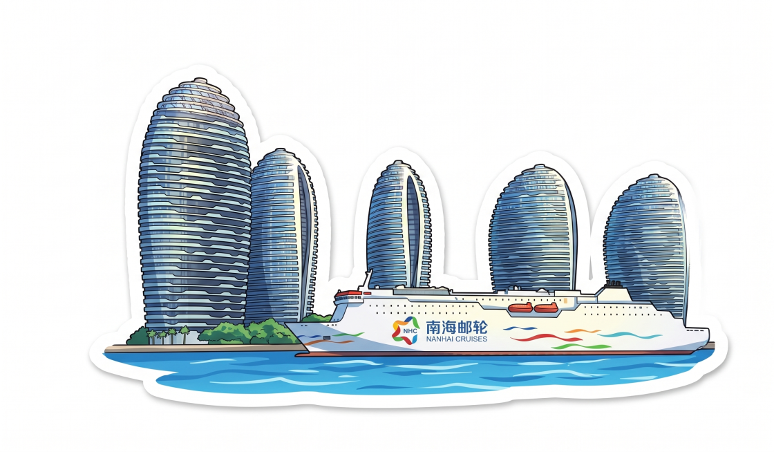 转为动漫插画风格，制作成一张贴纸，保留全部建筑、游轮和少量海面，整体在一张贴纸里预览效果