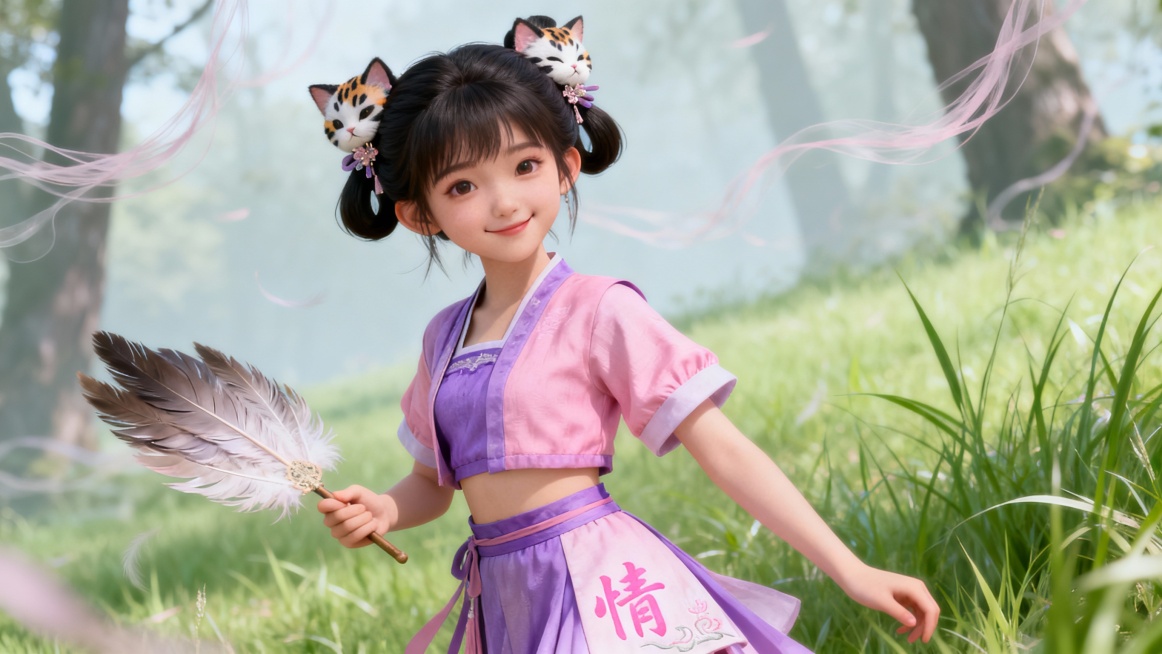巡风者（灵动少女）
指令：古风玄幻风格，梳双丫髻的灵动少女，穿粉紫短打劲装，耳侧别三花猫斑发饰，嘴角带俏皮笑意，手持轻羽扇，背景是飘着情丝的林间草地，裙角绣淡粉 “情” 字暗纹，整体色调粉紫 + 浅绿预览效果