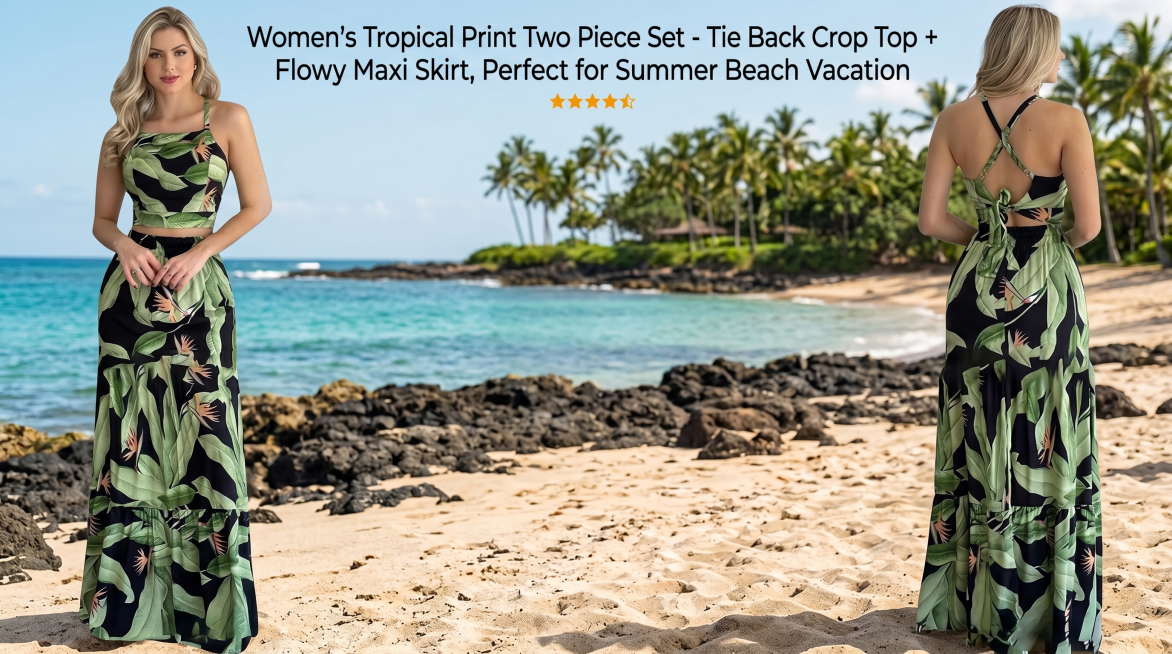 A blonde European woman wearing this summer two-piece tropical print beach set on a Hawaiian beach,预览效果
