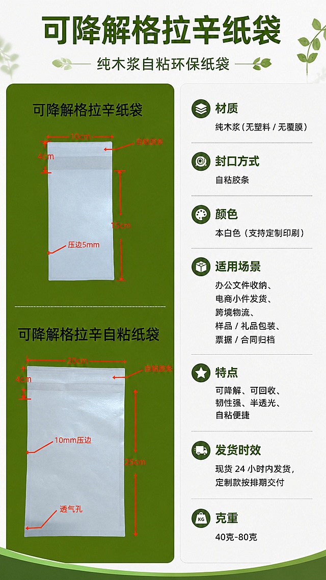 制作可降解格拉辛纸袋产品参数海报，画面包含图1和图2两张产品规格图，保持原图产品、尺寸标注和颜色不变，不做任何修改。右侧区域排版完整产品参数信息，文字清晰可读。主标题：可降解格拉辛纸袋，副标题：纯木浆自粘环保纸袋。参数信息完整包含：材质：纯木浆（无塑料 / 无覆膜）；封口方式：自粘胶条；颜色：本白色（支持定制印刷）；适用场景：办公文件收纳、电商小件发货、跨境物流、样品 / 礼品包装、票据 / 合同归档；特点：可降解、可回收、韧性强、半透光、自粘便捷；发货时效：现货 24 小时内发货，定制款按排期交付；克重：40克-80克。版式为左右分栏，左侧展示两张产品规格图，右侧展示参数文字，整体风格简洁商务，清晰专业，画面排版精美，主次分明，所有信息完整清晰可见。