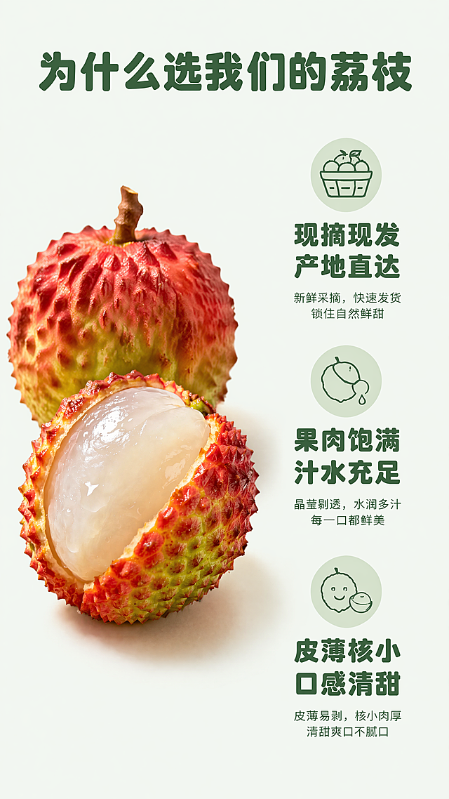 [第6屏] 荔枝核心卖点拆解展示屏。
[氛围/风格] 清晰信息展示风格，简约干净商业设计感。
[元素布局] 画面左侧居中放大展示一颗完整带皮荔枝和半颗切开荔枝，保持荔枝外皮红绿色渐变带凸起纹理、莹白饱满半透果肉的物理结构、材质质感、颜色与输入产品图一致，荔枝占左侧约45%区域。画面右侧纵向排列三个核心卖点，每个卖点配一个圆形浅绿底的小图标区域，文字放在图标右侧。三个卖点分开排列，上下留白均匀。
[光影质感] 左侧主光源照亮荔枝，清晰展示纹理和果肉水润感，右侧信息区域光线均匀，整体明暗自然清晰。
[配色色系] 全局底色：#F2F9F0（浅暖绿）；主体配色：#EC5538（荔枝红）+#F0FDF9（果肉白）+#87C480（浅绿图标）；文字色：#2D5929（深绿）。
[视角构图] 左右分栏构图，左产品右信息，布局均衡，阅读逻辑清晰。
[文字版式] 顶部通栏大标题「为什么选我们的荔枝」，深绿圆角黑体字，居中纯色填充。右侧三个卖点依次：1. 「现摘现发 产地直达」，2. 「果肉饱满 汁水充足」，3. 「皮薄核小 口感清甜」。每个卖点标题加粗，下方配1行小字说明。字体全程使用圆角黑体，仅使用深绿和白色2种颜色，所有标题使用纯色填充，风格统一。文字排版整齐不拥挤。
[比例分辨率] 9:16竖版比例，4K分辨率，文字清晰可辨，超高清。
[负向提示词] 荔枝变形，颜色偏差，文字错位重叠，排版混乱，水印，模糊