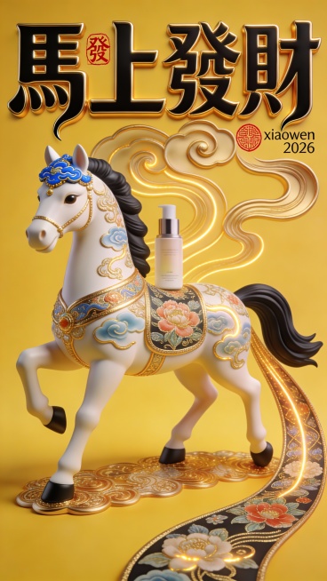 中国风插画大师杰作，国风潮插画，抽象画风，倪传婧风格，中国节日特色吉祥；雄骏披锦瑞马，身形雍容舒展，旁边有个护肤品，美轮美奂。线条柔美灵动如锦缎蜿蜒，骏马缓步踏鎏金锦纹，马头缀宝蓝云锦饰件，长尾舒展呈预览效果