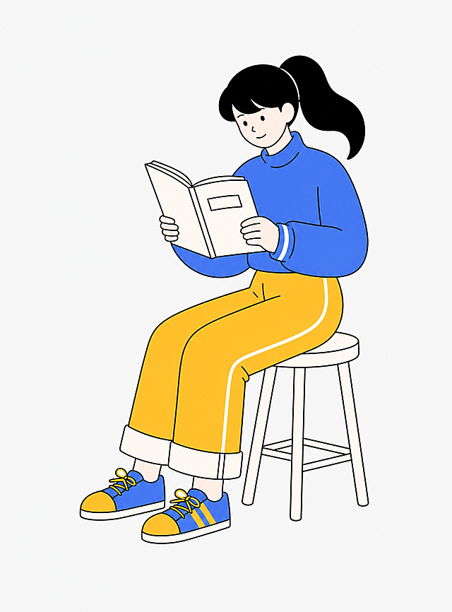 参考提供的扁平线条插画风格，生成女孩坐在凳子上看书，保持蓝黄清新撞色搭配，简约描边插画风格，添加凳子元素