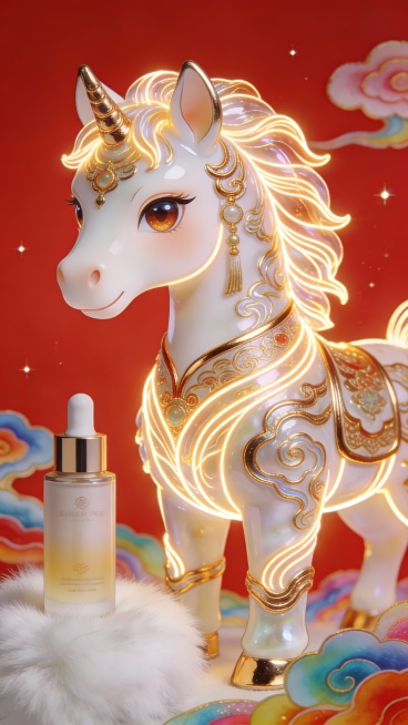 中国风插画大师杰作，中国春节特色，人物形态的Q版小马，旁边摆着一个护肤品，身形图案完整，美轮美奂。线条柔美灵动如流水缠绕，灵动，炯炯有神，兼具灵动与祥瑞神态。荧光金色线条沿轮廓游走，金色金属质感勾边凸预览效果