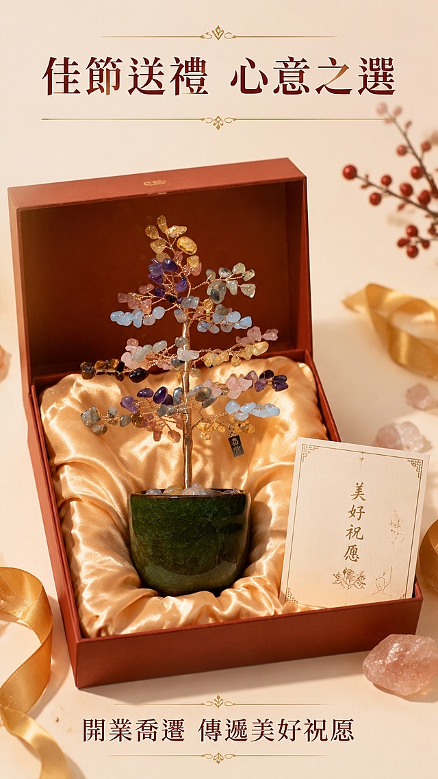[第7屏] 礼赠场景展示-水晶发财树作为送礼佳品展示。本屏使用【图1】作为商品主体。
[氛围/风格] 精致喜庆，温馨质感，适合送礼场景氛围。
[元素布局] 产品放置在打开的礼盒中，周围搭配丝缎衬布和装饰卡片，礼盒放置在浅色背景上；产品占比约65%，保留原有造型色彩一致，呈现完整的礼品形态。
[光影质感] 柔亮整体光照，突出礼盒精致感和水晶光泽，整体明亮温暖。
[配色色系] 全局底色 #f5eeea，主色红棕礼盒，金色丝带，保留产品原有水晶色彩。
[视角构图] 正面微俯视，礼盒居中主体突出。
[文字版式] 顶部标题「佳節送禮 心意之選」，底部副标题「開業喬遷 傳遞美好祝愿」，文字为繁体中文，排版在画面上下，不遮挡主体。
[比例分辨率] 9:16 竖版比例，4K 分辨率，文字清晰可辨，高清画质。
[负向提示词] 产品变形，缺件错件，颜色偏差，水印，文字错乱，产品图模糊，结构错误，繁体文字错乱。