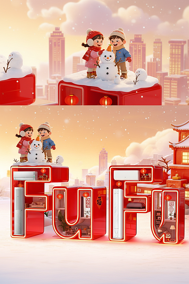 在图一字母建筑上面有积雪，图二的两个孩子在上面堆雪人