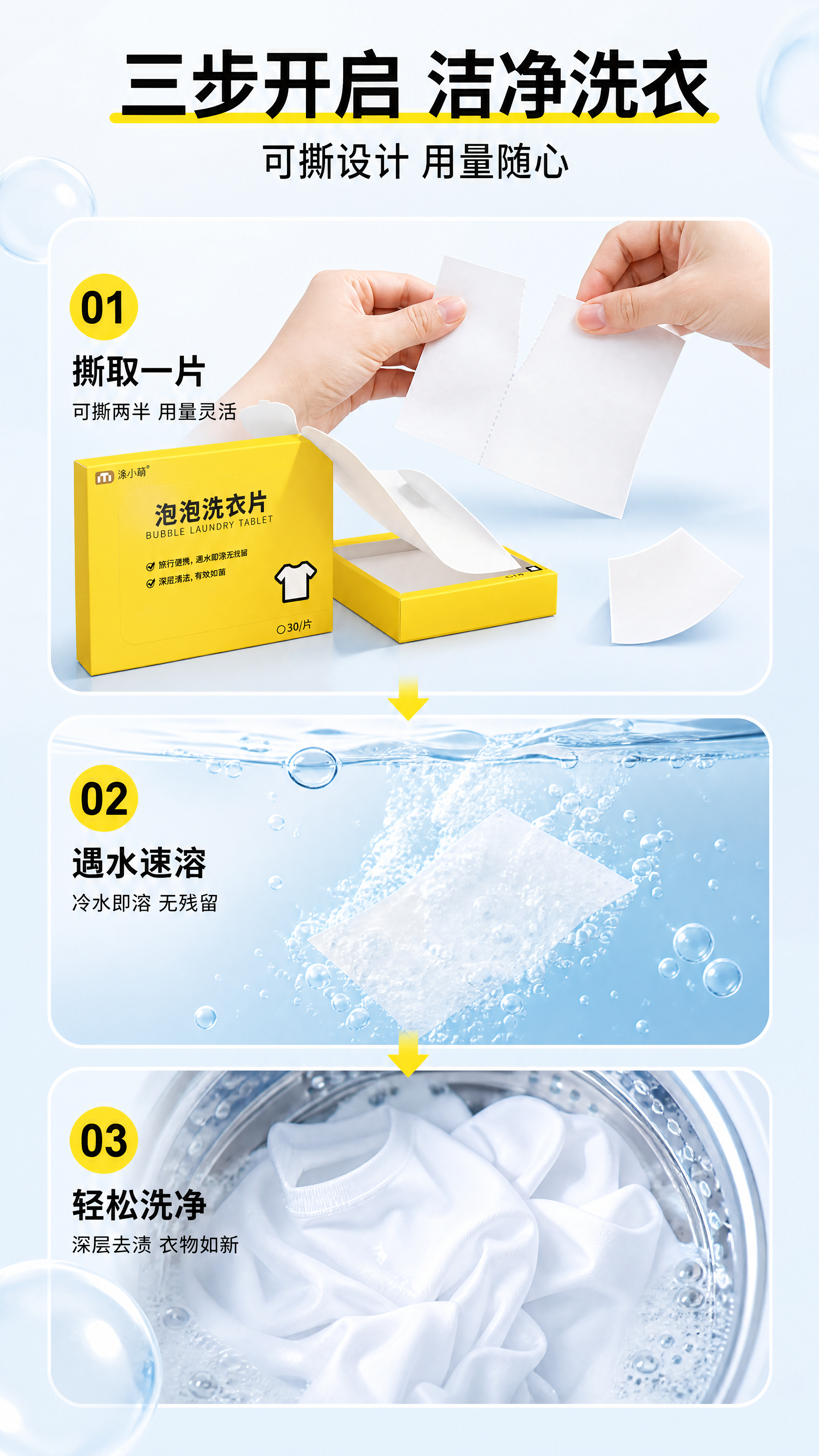 [第3张] 使用演示页-三步速溶清洁流程+可撕设计。本张使用【… - 图片创意预览