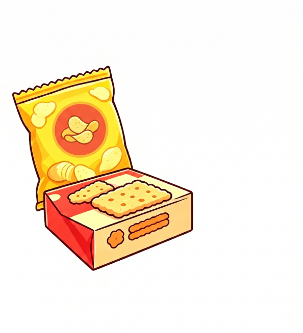 将图片中的文字logo元素替换成普通图形元素，保持原有的红橙色调，保留原有零食包装和饼干的造型结构，移除所有品牌文字，维持整体插画风格预览效果