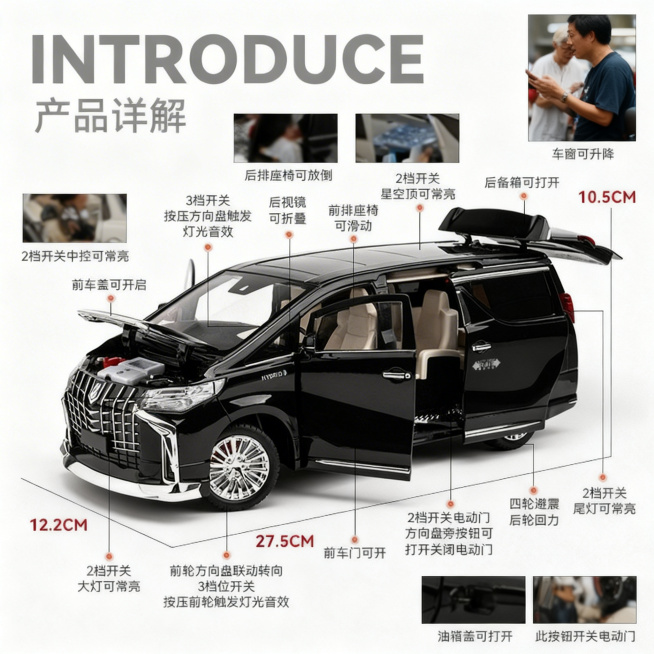 保持原有文字"INTRODUCE 产品详解"和所有标注文字、尺寸标注、黑色埃尔法汽车模型主体不变，换成全新写实摄影风格预览效果