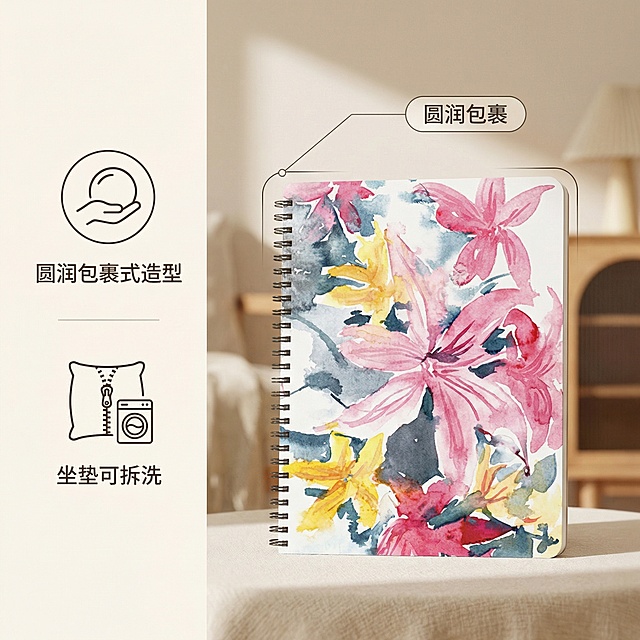 第二张主图，核心卖点展示；延续参考图的水彩封面风格和线圈装订设计，突出“圆润包裹式造型”卖点；素描本主体居中，将圆润的边角轮廓做视觉强调，用细引线连接到圆角位置标注“圆润包裹”；在画面左侧竖向排列两个卖点：“圆润包裹式造型”搭配简约图标，“坐垫可拆洗”搭配简约图标；整体保持舒适简约治愈的家居风格，浅暖色调背景，柔和自然光，文字不遮挡产品主体，符合1688平台规范，1:1比例2k分辨率。