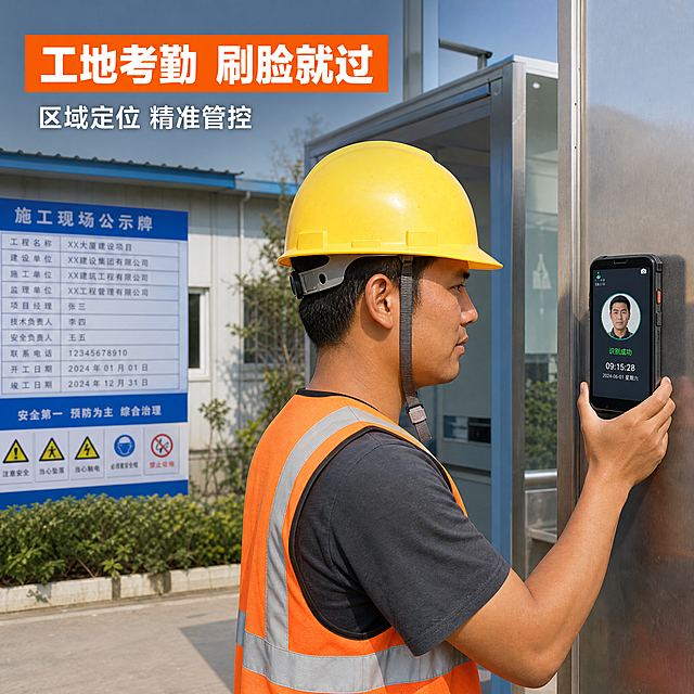 [主图-4] 真实使用场景主图，建筑项目部门口工人考勤场景，工业风真实感。
[统一基调] 简约工业风，真实场景背景，主标题白色粗体无衬线字体配橙色底条，强调色为活力橙#FF6B1A，整体硬朗真实。
[画面] 真实建筑工程项目部门口场景，背景有项目公示牌、办公区板房、绿化植被，白天明亮自然光。画面中央偏右，一位戴黄色安全帽、穿橙色反光背心的男性工作人员（亚洲面孔，30多岁）正单手举着手持考勤机进行人脸识别打卡，动作自然熟练，设备屏幕亮着显示识别界面。设备外观与输入图完全一致：黑色三防机身、橡胶纹理边框。场景真实自然，体现工程项目考勤的真实使用状态。
[光影质感] 真实户外日光摄影质感，光线明亮自然，人物和设备投影清晰，场景有深度，背景略有虚化突出主体。
[配色] 场景真实色彩为主，安全帽黄色、反光背心橙色与整体工业风呼应，文字用白色配橙色底条保证可读性。
[文字版式] 画面左上角用橙色底条+白色粗体字做标题"工地考勤 刷脸就过"，下方小字"区域定位 精准管控"白色字。文字放在左上角负空间，不遮挡人物和设备。
[输出要求] 1:1正方形，2048x2048，场景真实自然，人物动作合理，产品外观清晰一致，文字清晰，无变形错字，无水印无平台logo，人物面部自然。