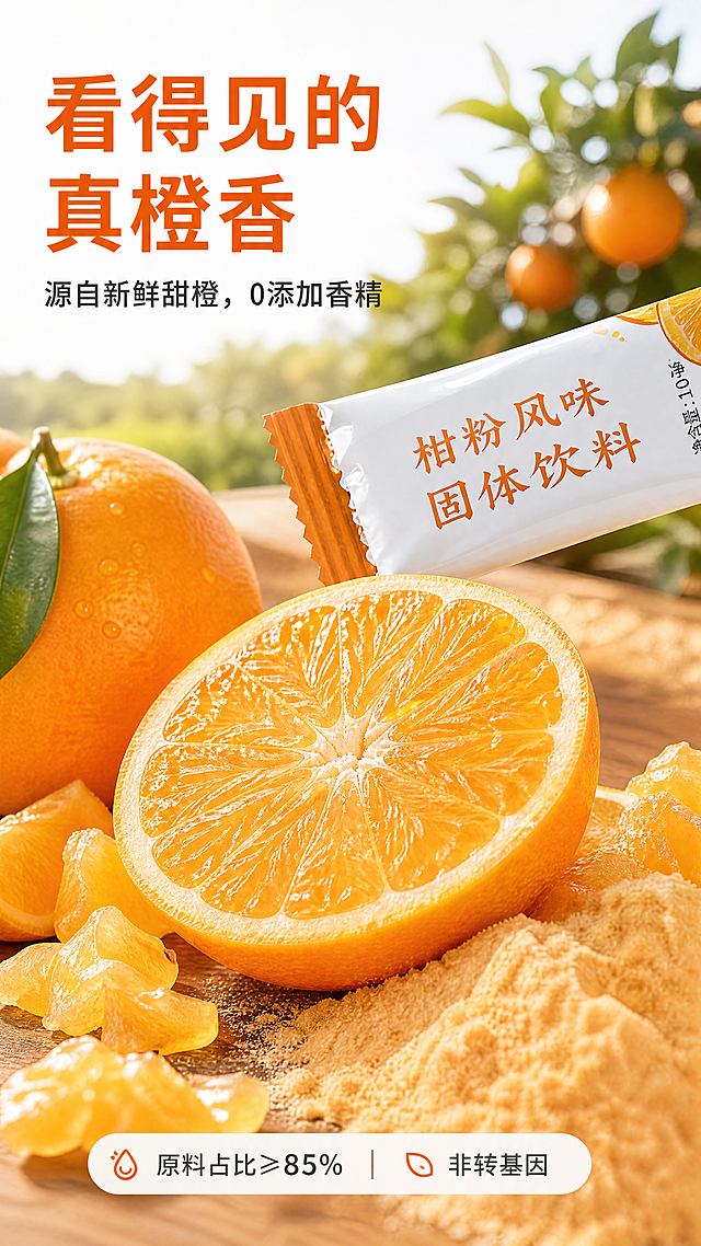 [第2屏] 成分原料专屏-天然甜橙来源。[氛围/风格] 自然清新纪实风，阳光果园感, 商业摄影质感。[元素布局] 【图1】中橙子原料特写（切面+果肉颗粒）铺满画面下半区，占比40%；上半区为【图1】中产品小袋斜置压前，袋身‘柑粉风味’字样清晰；背景为虚化果园实景或木质案板；左上标题区留白。[光影质感] 顶光+侧逆光突出果肉汁水感与粉末细腻度，阴影柔和不重。[配色色系] 全局底色：#FDF7F0；主体：#FF9933（橙皮）+#FFD699（果肉）+#FFFFFF（袋体）；辅助：#FF6600（标题）+#555555（说明）。[视角构图] 微俯视平拍，原料在下、产品在上形成视觉递进；动线：标题→原料细节→产品关联。[文字版式] 左上主标题‘看得见的真橙香’，副标题‘源自新鲜甜橙，0添加香精’；底部信息条‘原料占比≥85%｜非转基因’小字。[比例分辨率] 9:16，4K。[负向提示词] 原料模糊，包装文字错误，颜色偏差，人工染色感，背景杂乱，缺产品露出。
