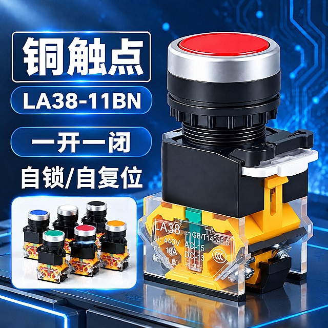 基于这张图片进行修改，其他所有元素（产品、背景、小图、排版布局）全部保持不动，只做以下调整：
1. 最上方的蓝色圆角小框（写着"加厚铜件 更耐用"）和下面的白色大框（写着"银触点"）两个框对换位置：
   - 上面原来小框的位置，现在放白色大框，里面写大字"铜触点"，框的样式、大小、颜色完全沿用原来"银触点"那个白色大粗边框的样式
   - 下面原来大框的位置，现在放蓝色圆角小框，里面写"LA38-11BN"白色字，框的样式、大小、颜色完全沿用原来"加厚铜件 更耐用"那个蓝色圆角小框的样式
2. 蓝色圆角块"LA38系列按钮"的文字改成"一开一闭"，白色字，位置、颜色、框样式保持不变
3. "自锁/自复位"文字保留不动
4. 左下角6个小按钮产品图保留不动

两个框的样式、颜色、大小都跟着内容走，不要改框的样式。不要重新排版其他内容，产品、背景、所有其他元素完全不变。
