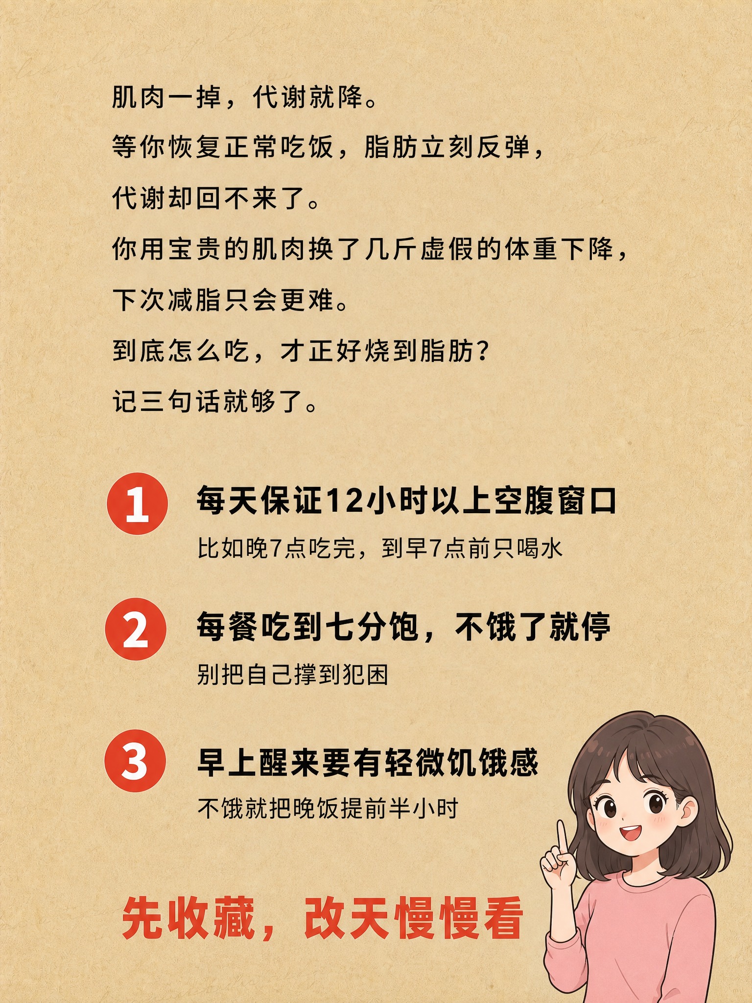 将这张图重新设计为新的小红书减脂科普内页（3条行动建议）。保留… - 图片创意预览