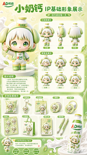 生成竖版的小奶钙IP基础形象展示，包含IP主视觉、三视图、表情包、设计说明和文创延展，使用之前的清新黄绿色风格，保留正确奶瓶包装效果，图片比例为竖版预览效果