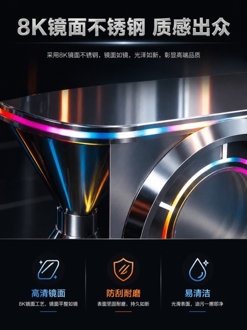 [第3屏] 材质证明-8K镜面不锈钢材质特写解析。本屏使用【图1】吧台材质做特写放大。
[氛围/风格] 专业材质解析风格，突出金属镜面质感，特写清晰锐利。
[元素布局] 上半部分放置吧台镜面区域微距特预览效果