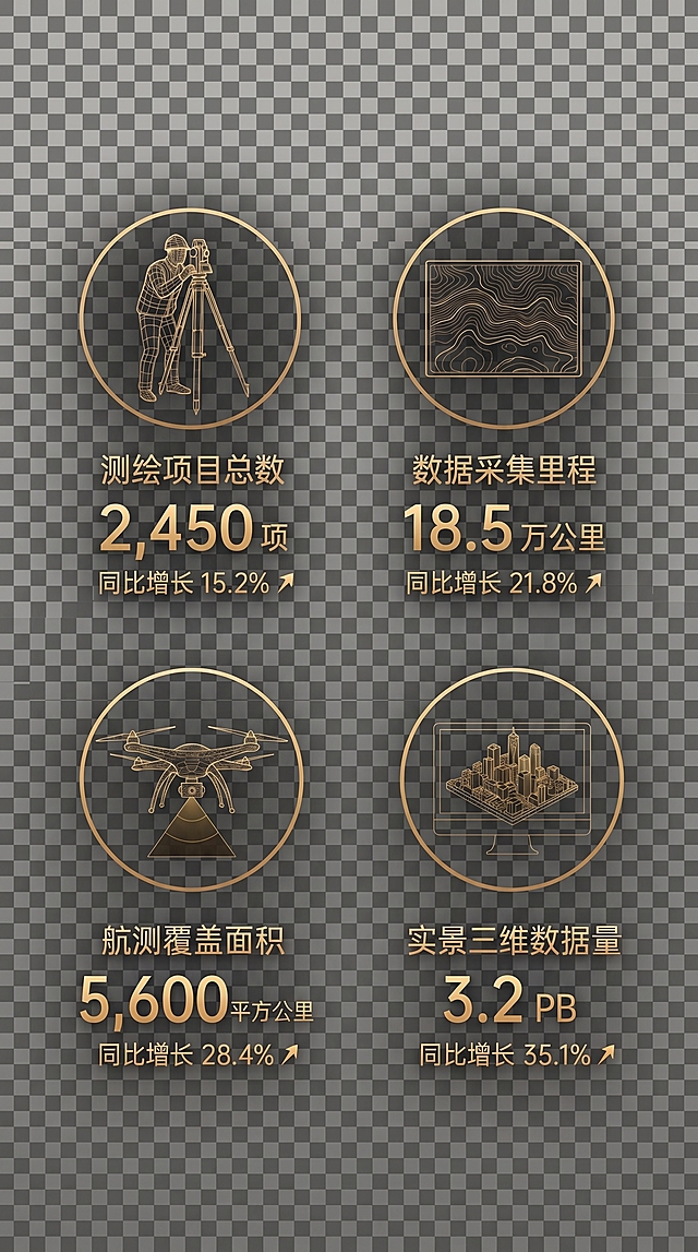 参考当前图片的内容和排版，移除所有黑色背景（包括圆形图标内的黑色背景），将背景修改为完全透明，保留金色的图标、文字和线条，保持黑金商务风格不变，生成透明背景的测绘数据统计PPT素材