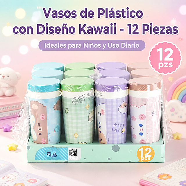 Amazon e-commerce main image, 1:1 square, product is a set of 12 cute cartoon plastic cups with lids in pastel colors (light blue, mint green, lavender, light pink), each cup has adorable kawaii animal character designs, displayed in a retail display box. Background is a soft pastel gradient with subtle bokeh lights, bright and clean lifestyle aesthetic, not pure white background. Spanish text overlay: large bold title "Vasos de Plástico con Diseño Kawaii - 12 Piezas", subtitle "Ideales para Niños y Uso Diario", badge "12 pzs". Professional product photography, soft studio lighting, high detail, commercial quality, cross-border e-commerce style