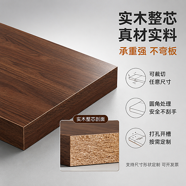 [主图-2] 实木整芯板材结构与定制工艺卖点图，突出材质剖面和定制加工能力。
[氛围风格] 专业建材品质风，干净利落，细节突出，信任感强。
[画质] 商业摄影质感，光线均匀明亮，材质细节清晰，切面结构分明，画面干净高级，超高清。
[元素] 画面左侧为一块深胡桃木实木整芯板材的45°斜视角立体展示，板材平放，正面和厚度侧面同时可见，木纹清晰，表面哑光免漆质感；板材右前方有一块局部放大的切面特写小窗，展示实木整芯内部结构——实木纤维紧密排列，无空心、无碎料填充，整木实芯。保持板材外观（物理结构、材质质感、颜色木纹）与输入产品图一致，杜绝变形和色差，精细化处理。商品主体占比约60%。背景为浅灰色渐变，干净简洁，底部有浅灰色台面承托，板材有柔和接触阴影。画面右侧上方为三个圆形工艺图标展示区，分别对应：裁切（板材+切割线图标）、圆角（圆角板材示意）、打孔开槽（带孔带槽的板材截面示意），每个图标下方配简短说明。
[光影] 顶部偏左为主光，柔和均匀，突出板材表面木纹与切面结构；右侧辅光提亮暗部；切面特写处有额外聚光效果，让内部结构更清晰；整体光影干净，无杂乱反光。
[配色] 主色调深胡桃木棕、浅灰；辅色暖木色、白色；文字色为深灰色与橙棕色，对比清晰。
[视角构图] 主体板材45°斜侧俯视，切面特写小窗在右前方悬浮式布局；右侧文字区纵向排列，左右分栏构图，左图右文，平衡稳定。
[文字版式] 右上大标题两行："实木整芯 真材实料"，深灰色最大号粗黑体；副标题"承重强 不弯板"，橙棕色次大号。右侧中部三个工艺卖点纵向排列，每项左图标右文字：第一项"可裁切 任意尺寸"、第二项"圆角处理 安全不刮手"、第三项"打孔开槽 按需定制"，图标为简洁线性风格，文字深灰色中号。底部右侧小字"支持尺寸形状定制 可开发票"，浅灰色小号。左侧板材切面特写小窗上方标注"实木整芯剖面"，白色字深棕底小标签。
[输出要求] 1:1比例，文字清晰可辨，超高清商业摄影质感。
[负向提示词] 变形，文字错乱，产品模糊，背景杂乱，水印，电商平台Logo，多余的手，畸形手，人物面部扭曲。
