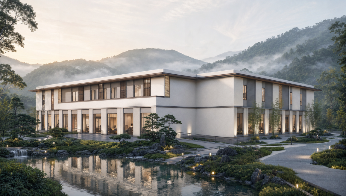 基于提供的SU模型，生成新中式禅意康养山水风格8K超高清写实渲染全景透视，山地临水康养中心外立面，新中式极简禅意设计，轻量化中式元素，摒弃复杂雕花，高级素雅质感。建筑主体：米白色外墙真石漆、深咖色哑光预览效果