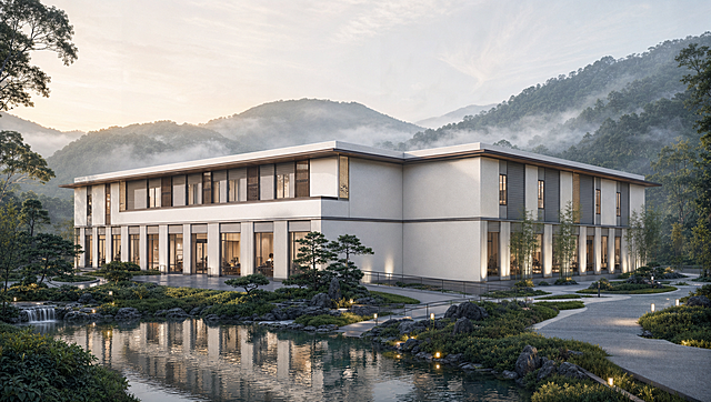 基于提供的SU模型，生成新中式禅意康养山水风格8K超高清写实渲染全景透视，山地临水康养中心外立面，新中式极简禅意设计，轻量化中式元素，摒弃复杂雕花，高级素雅质感。建筑主体：米白色外墙真石漆、深咖色哑光金属收边、浅灰色仿木纹铝单板，屋檐做极简微挑檐设计，线条简约大气，立面搭配中式竖向格栅、镂空光影肌理，大面积中空隔音落地窗，楼栋错落布局、高低层次分明。场地环境：背靠层叠青黛远山，广西南宁三塘镇亚热带郁郁葱葱山林，山前天然蜿蜒活水溪流+镜面景观静水池，水系环绕建筑两侧，背山面水格局。景观搭配黑山石置石、造型松、细竹、麦冬草、青石板曲径，中式枯山水微景观，地面浅灰色透水沥青路面、无障碍适老化坡道。清晨柔和暖光，薄雾氤氲山水氛围感，整体色调素雅清冷高级，绿、灰、米白为主色调，安静祥和修身养性的康养居住环境，画面干净通透、电影级构图、超精细材质纹理，无路人无杂物，超高清照片级渲染，可直接用于环艺毕业设计