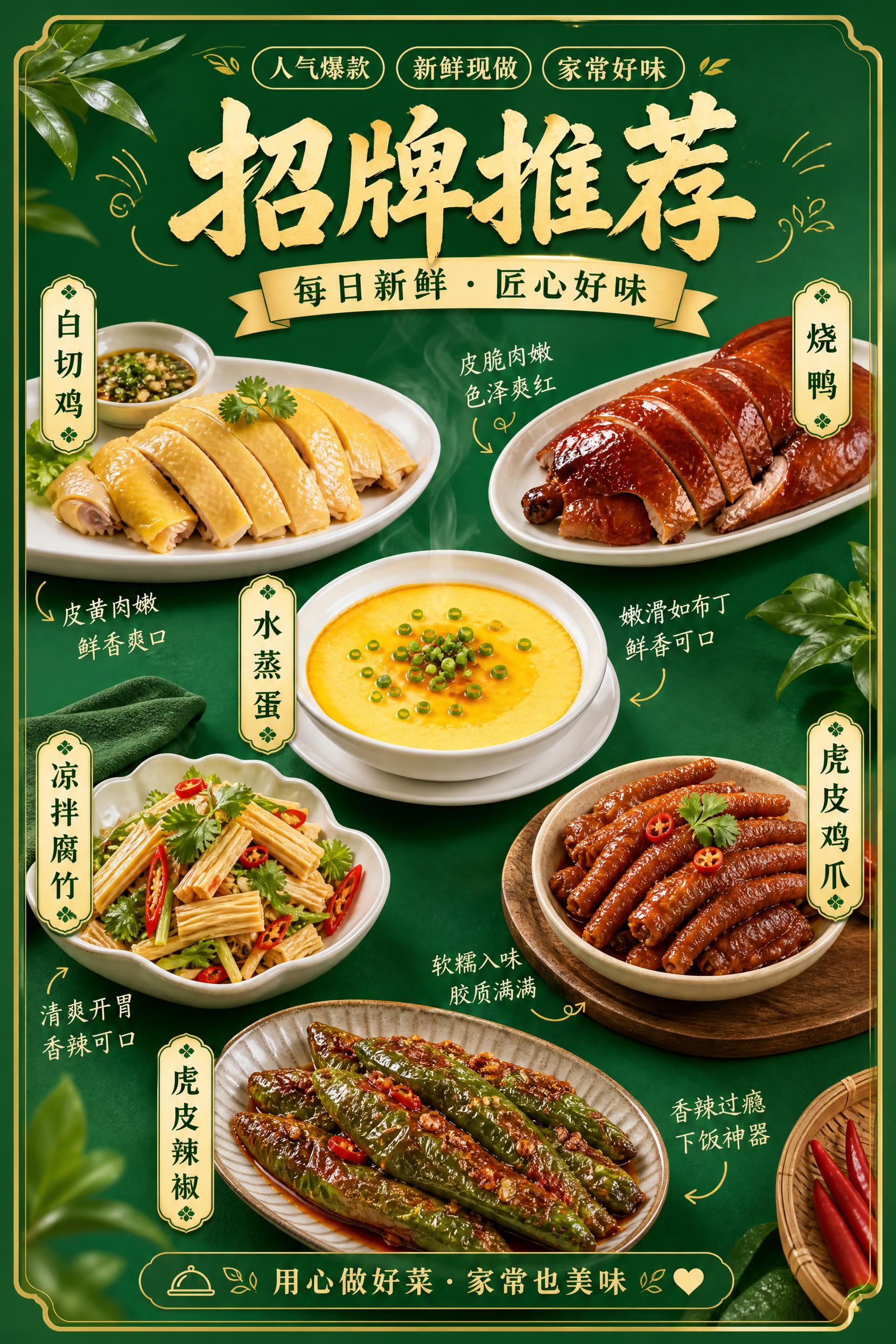 一张竖版餐饮推荐菜单海报，绿色底色，清新食欲风，粤式家常感。画… - 图片创意预览