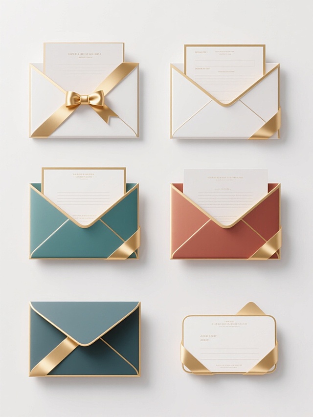 白色背景，6个完全不同造型的系列素材集合规整排布，每个素材均为3D渲染风格的信封与卡片组合，保持原元素内容，信封与卡片边缘有金色描边，搭配金色丝带装饰，整体呈现出精致、高端、简洁的设计感，光影柔和，色彩明快，每个素材变换不同的整体色彩，具有统一的视觉层级和信息传达效率，符合现代简约的设计美学。