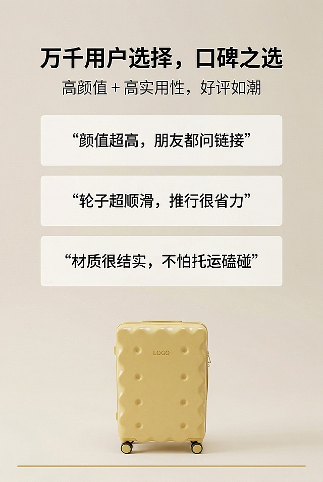 核心风格为高级简约、奶油治愈风、柔和光影、无衬线字体、留白设计，奶油黄为主色调，米白色为背景色，浅金色为点缀色，饱和度35%，明度85%，柔和自然光从画面左侧45°入射，无强反光、无重阴影，光影过渡自然，所有中文采用简约无衬线字体，主标题字号最大、加粗居中，副标题字号次之、轻量居中，辅助文字字号最小、左对齐，点缀2-3条2px粗细浅金色细线条用于画面边缘或分隔区域，不遮挡核心元素。严格还原上传的奶油黄饼干造型拉杆箱，精准复刻包装设计、产品配色、LOGO位置及比例、文字内容及字体、图案元素及细节，无任何偏差，色彩无失真；产品与画面中其他物体的比例遵循真实物理空间逻辑，视觉协调，比例还原1:1，杜绝比例失衡、视觉突兀。主标题为“万千用户选择，口碑之选”，位于画面上1/3居中；副标题为“高颜值 + 高实用性，好评如潮”，位于主标题下方8px处；画面中部为3条用户评价卡片，卡片为浅米色，文字为黑色无衬线字体，内容分别为“颜值超高，朋友都问链接”、“轮子超顺滑，推行很省力”、“材质很结实，不怕托运磕碰”，底部点缀缩小版饼干造型拉杆箱小图；信息布局为顶部标题区、中部评价卡片区、底部产品小图区，留白比例占画面25%；排版形式为上下分层，视觉焦点集中在评价卡片；设计细节为奶油黄主色调，柔和自然光从左侧45°入射，点缀1条浅金色细线条于画面底部，评价卡片简洁干净，无多余装饰。评价文字不杂乱、字体不花哨、卡片不变形、色彩不偏色、产品不被遮挡、比例不失衡、无强反光、无重阴影、背景不杂乱、无多余道具、场景不突兀、无噪点、不模糊、高分辨率、无边缘毛刺、装饰不过多、色调不暗沉、饱和度充足、文字不错位、无人物入镜