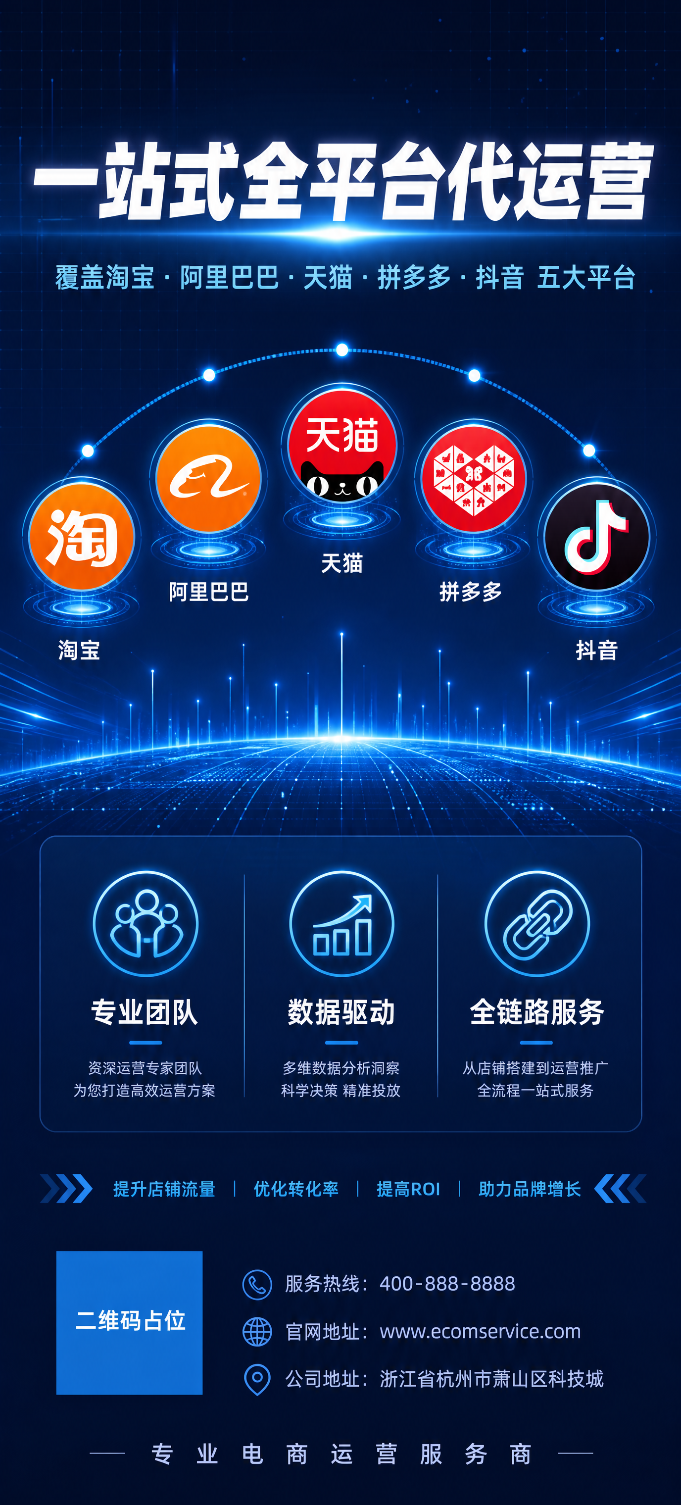 深蓝科技商务风格品牌主视觉海报，一站式全平台代运营服务宣传。画… - 图片创意预览