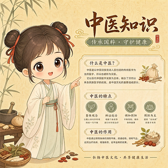 Q版chibi卡通古风汉服小女孩，双丫髻发型系着红色发绳，圆圆的大眼睛，神态温和可亲，正在讲解中医知识，手指轻指前方，身穿淡雅汉服。中式扁平插画风格，暖黄色宣纸纹理背景，线条干净利落，配色柔和温暖，无浓重阴影，画面干净整洁，适合做中医科普知识海报，高清细腻