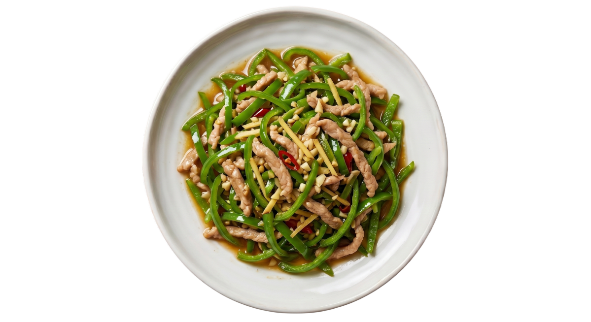 还是这种俯视角度，换个圆盘，盘里的菜改成“青椒炒肉丝”预览效果