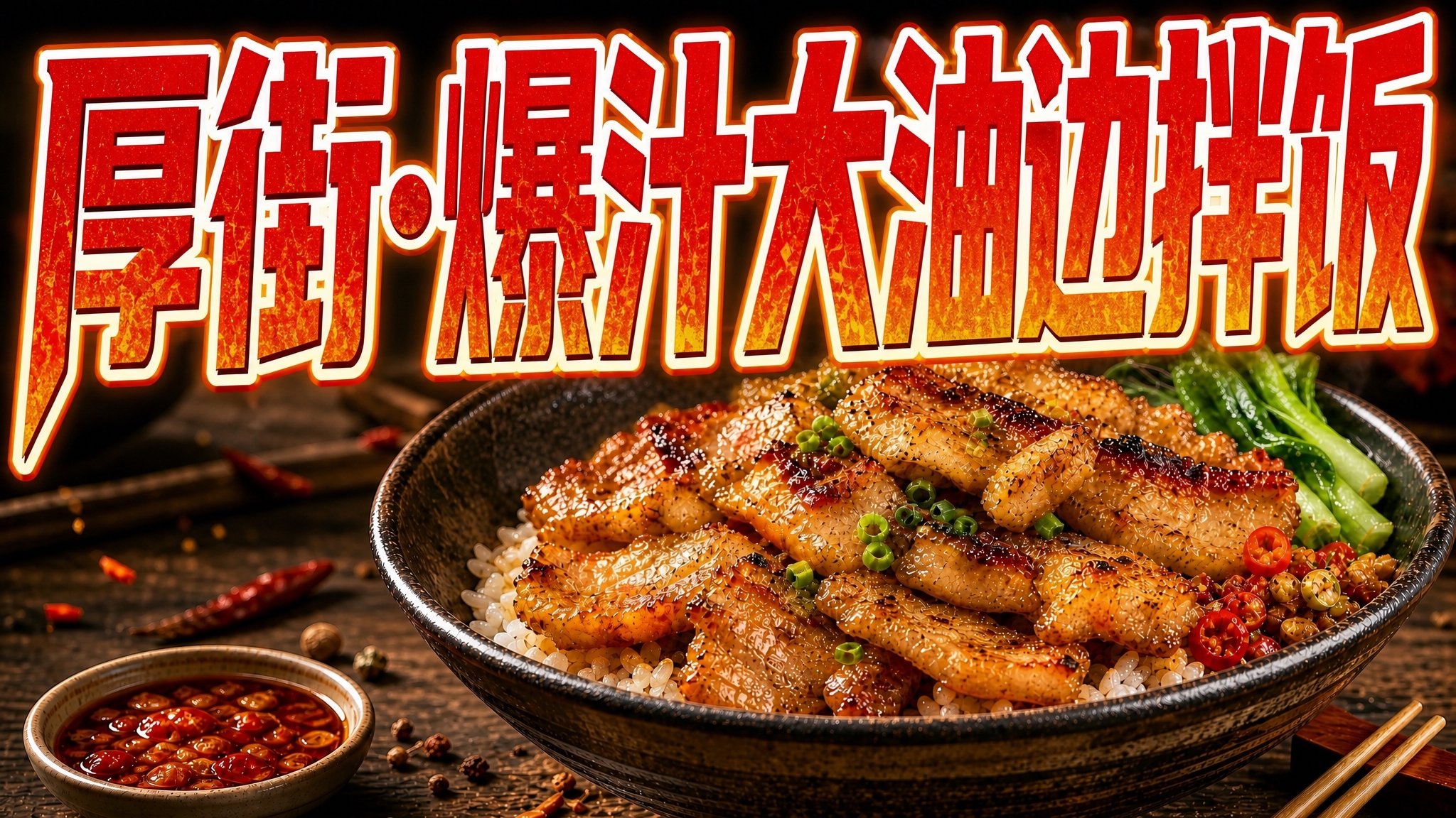参考图中的美食海报，将标题文字"厚街·爆汁大油边拌饭"横向一排… - 图片创意预览
