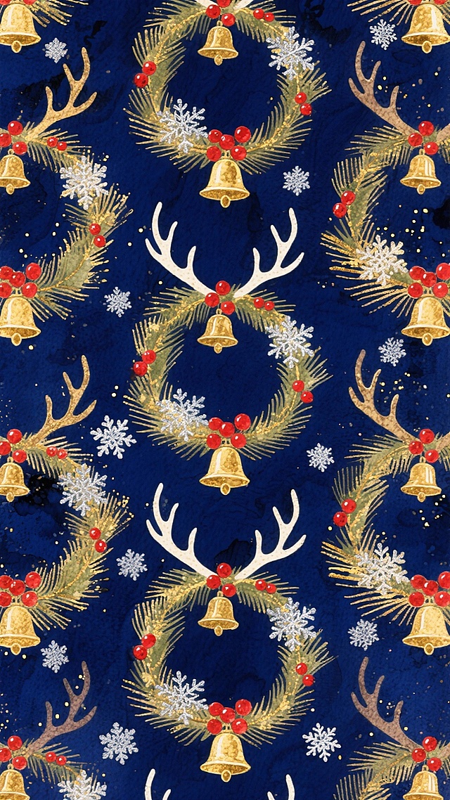 深墨蓝背景烫金暗纹，重复排列驯鹿角装饰的松枝环（红浆果）、鎏金铃铛，配银白雪花，奢华节日无缝纹样
