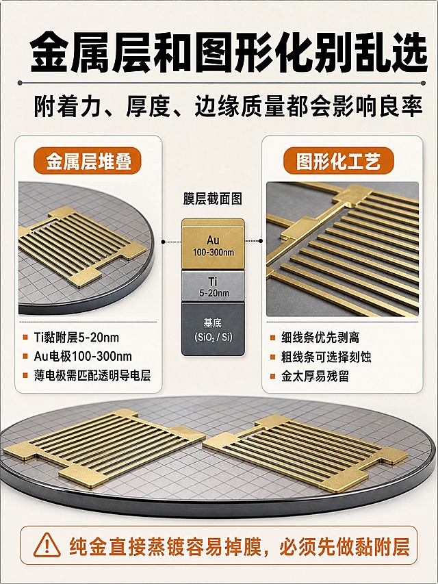 3:4竖版小红书笔记设计稿，统一视觉系统的半导体工程师笔记风格，浅米白与暖灰哑光底色，画面干净克制，科技报告感，写实3D晶圆与金属叉指电极元素，无赛博霓虹，无炫光，无水印，分辨率高，边缘清晰，平面设计稿。顶部大标题文字为“金属层和图形化别乱选”，副标题文字为“附着力、厚度、边缘质量都会影响良率”。画面采用左右对比卡片布局，左卡标题文字为“金属层堆叠”，内容文字为“Ti黏附层5-20nm”“Au电极100-300nm”“薄电极需匹配透明导电层”；右卡标题文字为“图形化工艺”，内容文字为“细线条优先剥离”“粗线条可选择刻蚀”“金太厚易残留”。中间用小型膜层截面图展示Ti/Au堆叠结构。底部橙色提示文字为“纯金直接蒸镀容易掉膜，必须先做黏附层”。粗黑体中文标题，黑色主文字，橙色强调标签，信息卡片清晰分区。所有文字直接生成在图中，不出现占位符，字体清晰可读。
