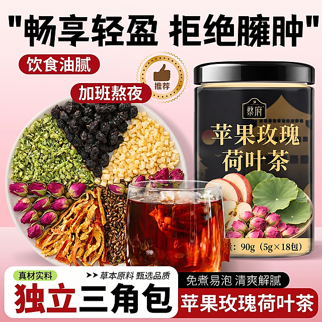 保持整体排版、文案、配色和罐装产品位置不变，仅将左侧圆盘里的实物替换为苹果干、荷叶、玫瑰花瓣、橘皮、桑葚、决明子，分区摆放饱满，保持整体布局不变，其他文案和产品都不改动，高清真实质感，1:1比例，符合拼多多电商主图规范，无水印