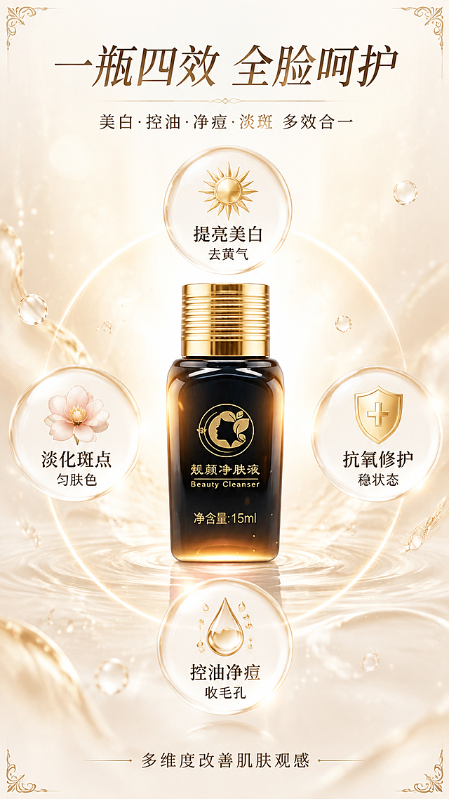 第5张 多效卖点矩阵页-靓颜净肤液四大核心功效展示。本张使用【图1】作为商品主体，瓶身外观与原图一致。
[氛围/风格] 专业功效矩阵风，信息丰富层次多，光亮通透，非黑金奢华。
[元素布局] 画面中央偏上放置产品瓶身，占比约40%；瓶身四周分布4个圆形功效卡片（上下左右各一），每张卡片配对应功效图标与关键词；背景为浅金白渐变水光，漂浮微光粒子与透明精华液滴；四角有淡金色装饰线条。
[光影质感] 顶部柔光均匀照明，卡片有轻微悬浮阴影，瓶身玻璃高光突出，整体明亮有层次。
[配色色系] 全局底色 #FFFBF2 奶白金；主色暖金、奶白；辅助色浅棕、淡粉点缀。
[视角构图] 中心放射式四象限构图，阅读动线顶部标题→中央产品→四周四大功效→底部总结。
[文字版式] 顶部主标题「一瓶四效 全脸呵护」，副标题「美白·控油·净痘·淡斑 多效合一」；4个功效卡片分别为：上方「提亮美白 去黄气」配光感图标、下方「控油净痘 收毛孔」配水滴图标、左侧「淡化斑点 匀肤色」配花朵图标、右侧「抗氧修护 稳状态」配盾牌图标；底部小字「多维度改善肌肤观感」；所有文字清晰，卡片内文字大小适中。
[比例分辨率] 9:16 竖版比例，4K分辨率，文字清晰可辨，高清画质。
[负向提示词] 黑金奢华风，瓶身变形，包装错误，文字错乱，绝对化用语，水印，背景杂乱。