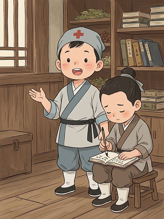 两个小孩对话 一个记笔记 一个说话