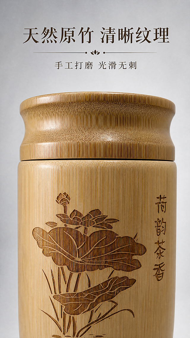 [第8屏] 材质微距-天然竹纹理细节展示。本屏用【图1】放大竹身纹理和罐口边缘，保持原材质颜色纹理，展示天然竹的清晰肌理和打磨光滑的罐口做工。浅灰底色，侧光突出质感。标题“天然原竹 清晰纹理”，标注“手工打磨 光滑无刺”。9:16竖版，4K，文字清晰。负向：纹理失真，细节模糊，变形，遮挡细节。