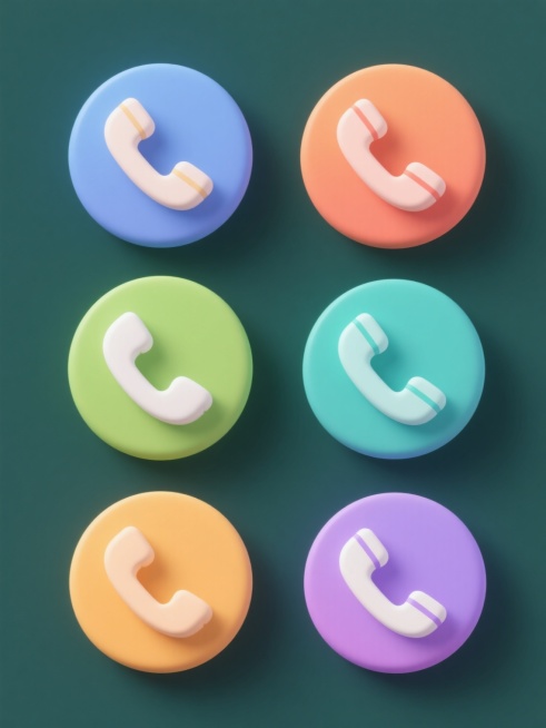 六个完全不同造型的电话图标系列素材集合，每个图标均为软3D风格，以不同纯色背景呈现，整体色彩变换丰富，保持电话听筒与圆形轮廓的核心元素内容，图标造型各异，规整排布于画面中，设计感十足，视觉层级清晰，信息传达高效。预览效果