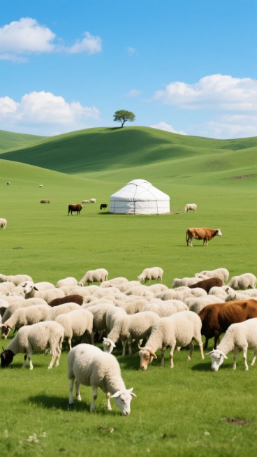 真实照片，辽阔的草原风光，画面中央偏后位置有一座白色的蒙古包，蒙古包周围散落着几只牛羊，前景是一大群正在低头吃草的羊和牛，毛色有白色和棕色，绿色的草原一望无际，远处是起伏的绿色丘陵，丘陵上有一棵孤零零的树，天空湛蓝，飘着几朵白色的云彩，阳光明媚，光线柔和，营造出宁静、自然、开阔的氛围，色彩鲜艳，细节清晰，具有强烈的空间感和层次感。预览效果