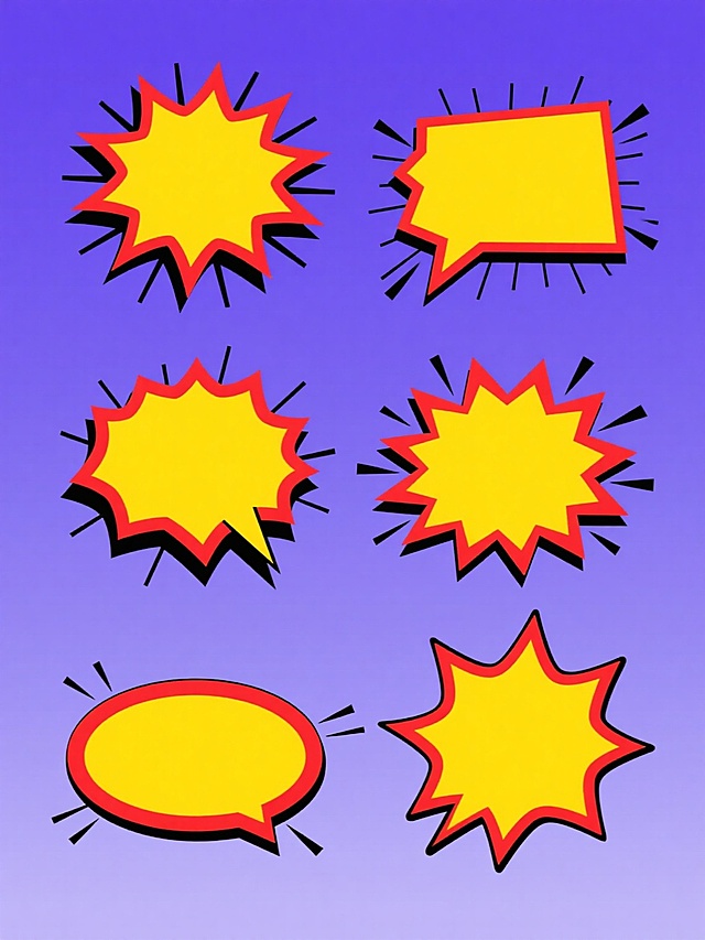 6个完全不同形状的同系列漫画风格爆炸对话框元素集合，每个对话框保持黄色填充、红色外轮廓、黑色阴影及放射状线条装饰的视觉特征，整体色彩变换为蓝紫渐变色调，采用纯色背景，所有元素规整排布形成系列素材