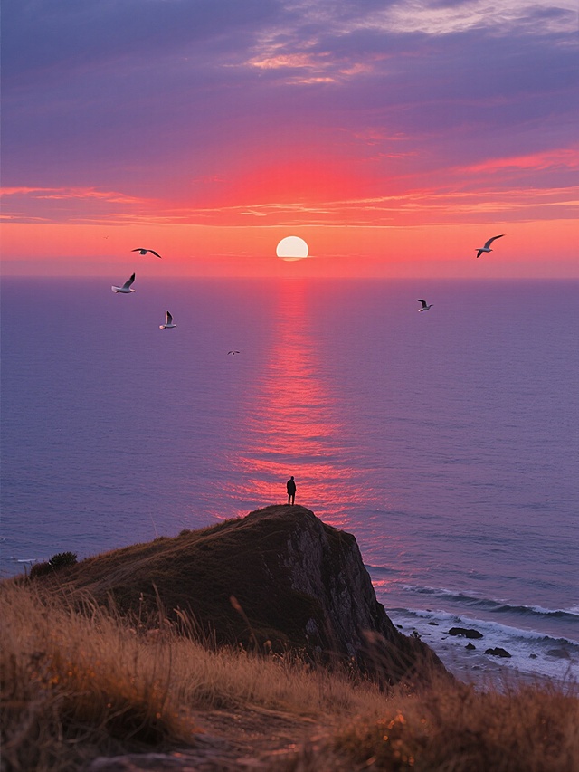 站在山顶俯瞰，远处广阔的大海上，一轮巨大的红色夕阳正缓缓落下，天空被染成橙红与紫色交织的晚霞，几只海鸥在海天交界处远处飞翔，海面波光粼粼泛着红色光晕，海水呈现深邃的蓝紫色调，岸边有稀疏的枯黄秋草，整体画面充满秋日傍晚的宁静壮阔氛围，“落霞与孤鹜齐飞，秋水共海天一色”